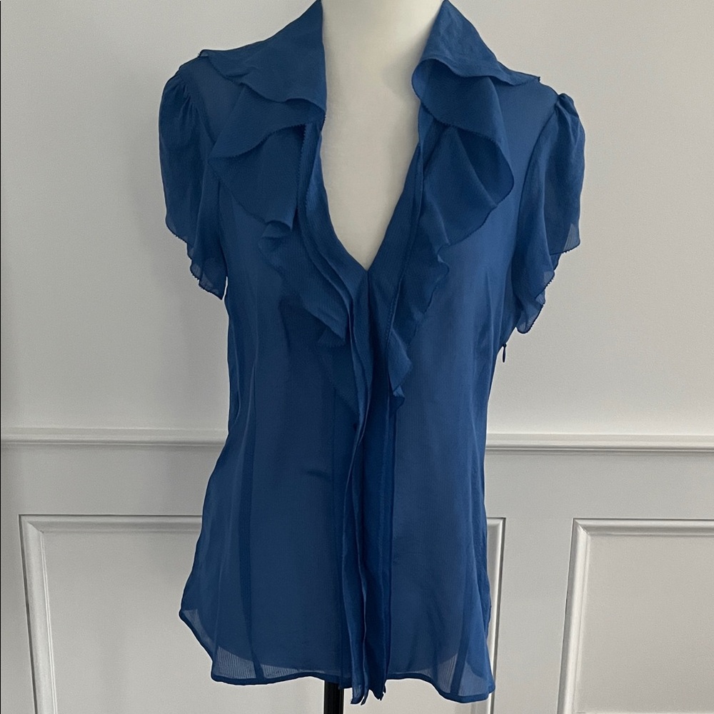 BCBGMaxAzria Silk Blue Ruffle Blouse - Picture 3 of 9